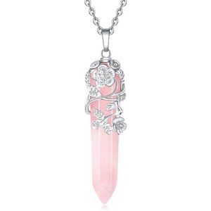Flower Wrapped Natural Crystal Point Pendant Necklace Reiki Healing